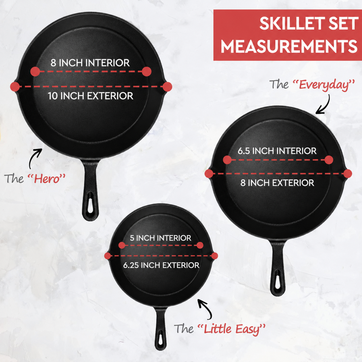 Simple Chef skillet set measurements with 6.25 inch exterior small skillet